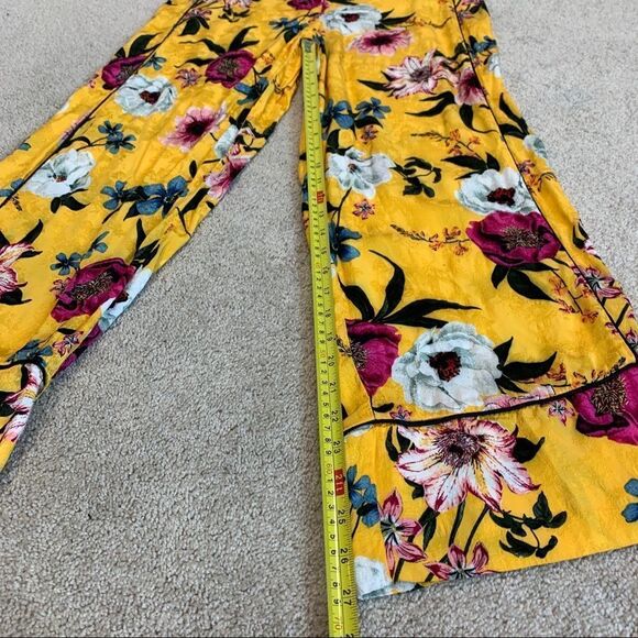 Topshop Asian Oriental yellow floral flower print wide leg trousers belted Sz 8 - Picture 14 of 16